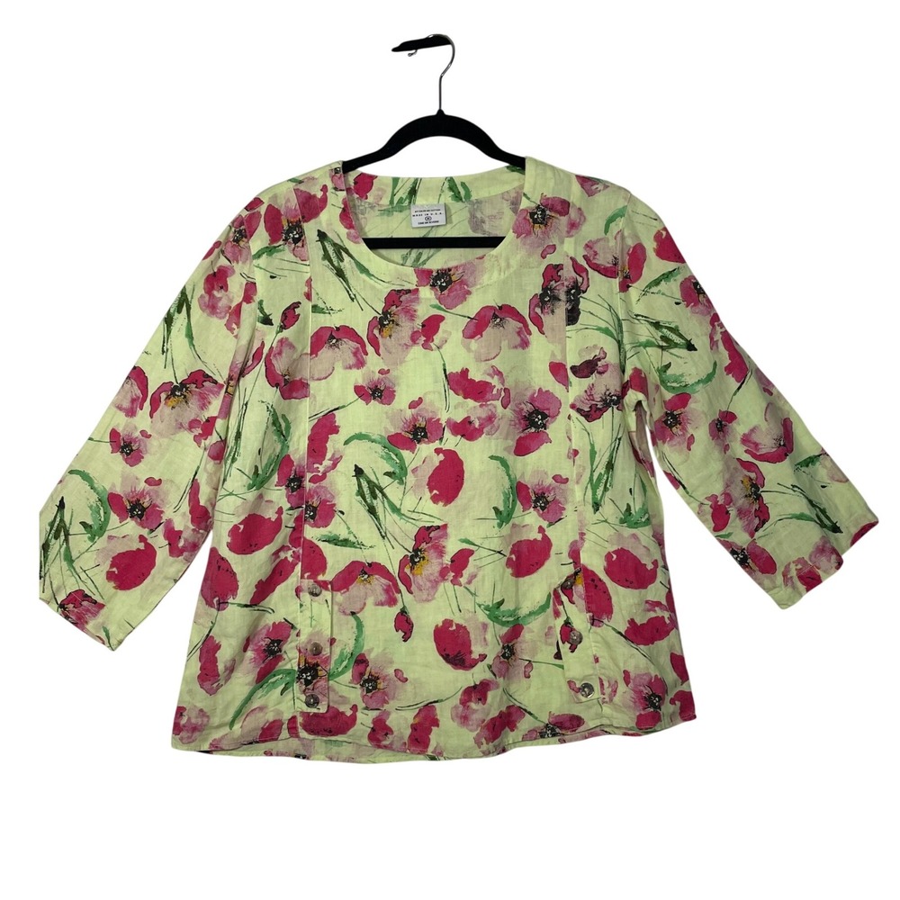 Color Me Cotton Floral Linen Top Women‎ M Pink Green Lightweight 3/4 Sleeve